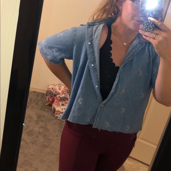Tops - Repourposed Vintage embroidered denim button up